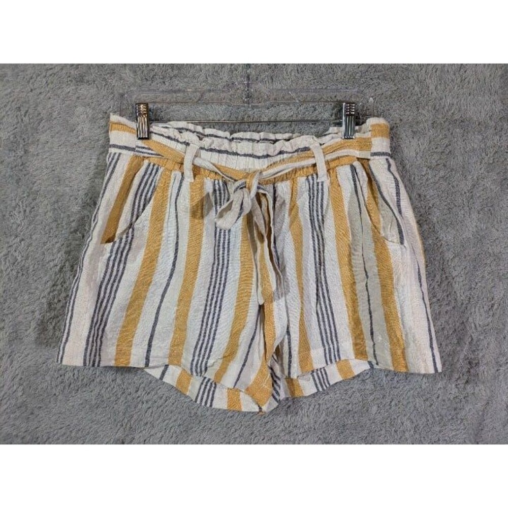 Striped Linen Blend Paperbag Waist Shorts Size Large Coastal Summer Beachy